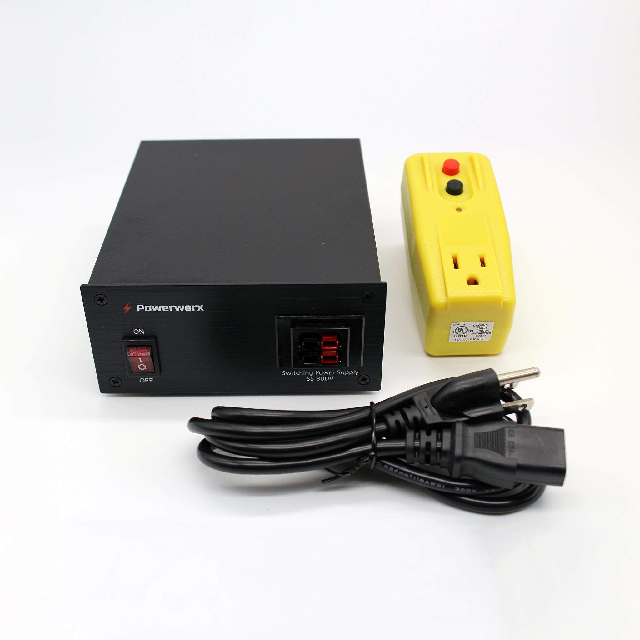 Layout of everything included in the Powerwerx 12V DC Power Supply w Powerpole outlet + GFCI