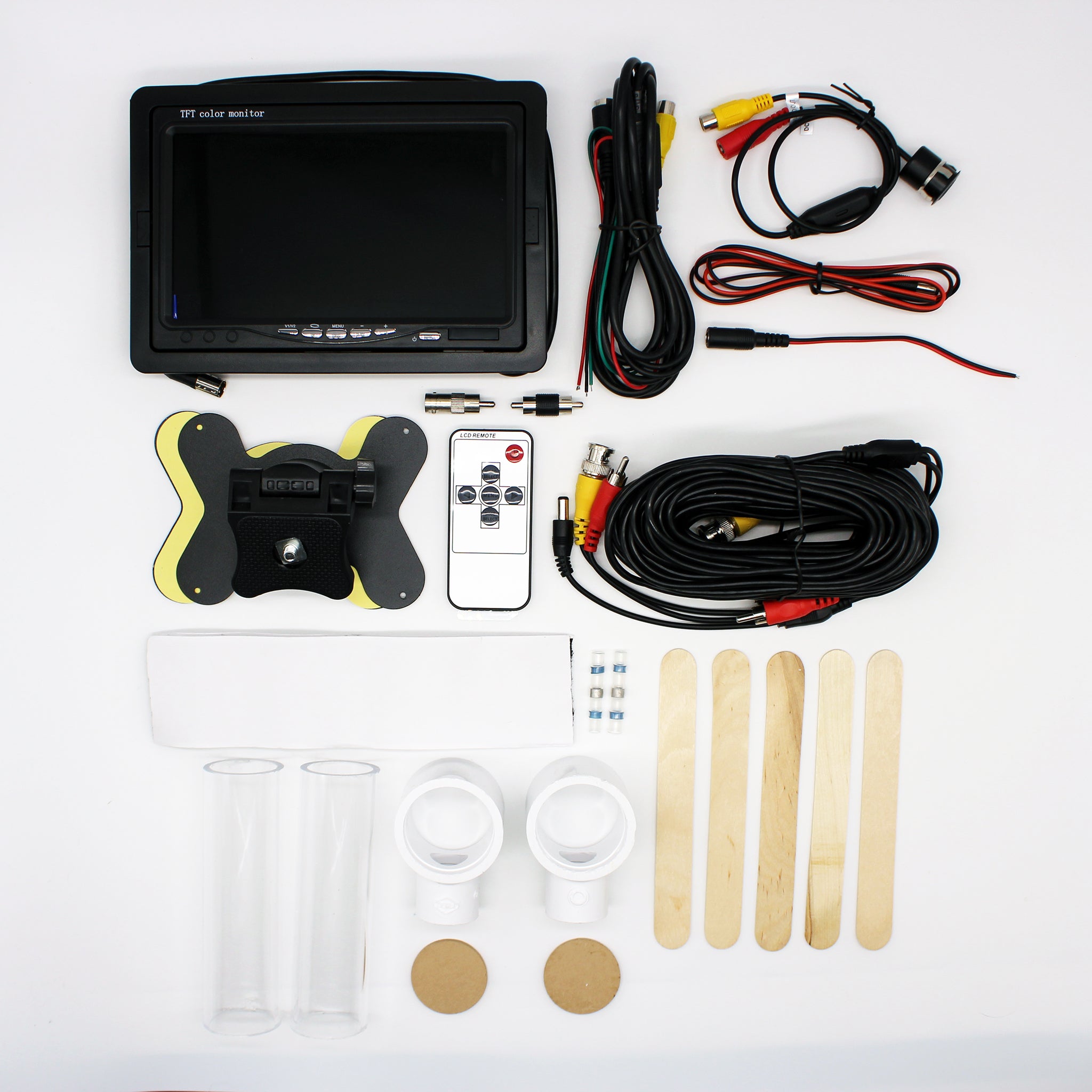 Layout of everything included in the PufferFish Video System - One Camera kit