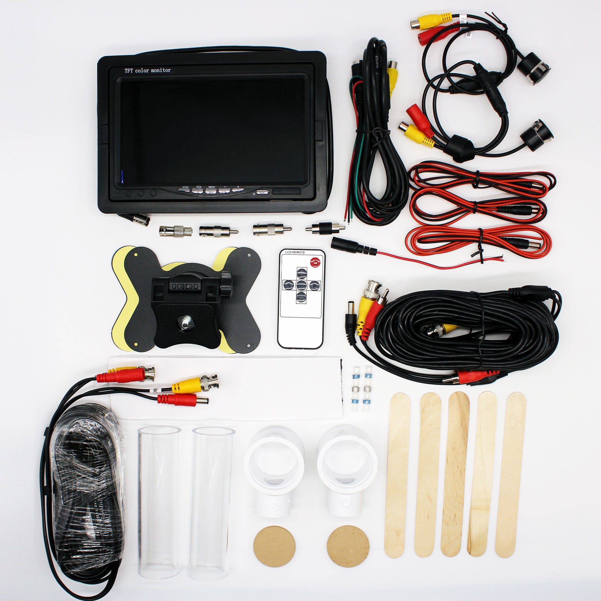 Layout of everything included in the PufferFish Video System - Two Camera kit