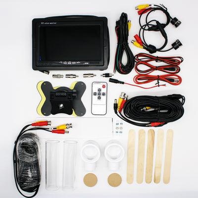 Layout of everything included in the PufferFish Video System - Two Camera kit