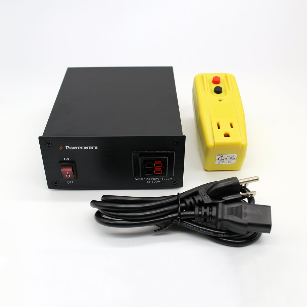 Layout of everything included in the Powerwerx 12V DC Power Supply w Powerpole outlet + GFCI