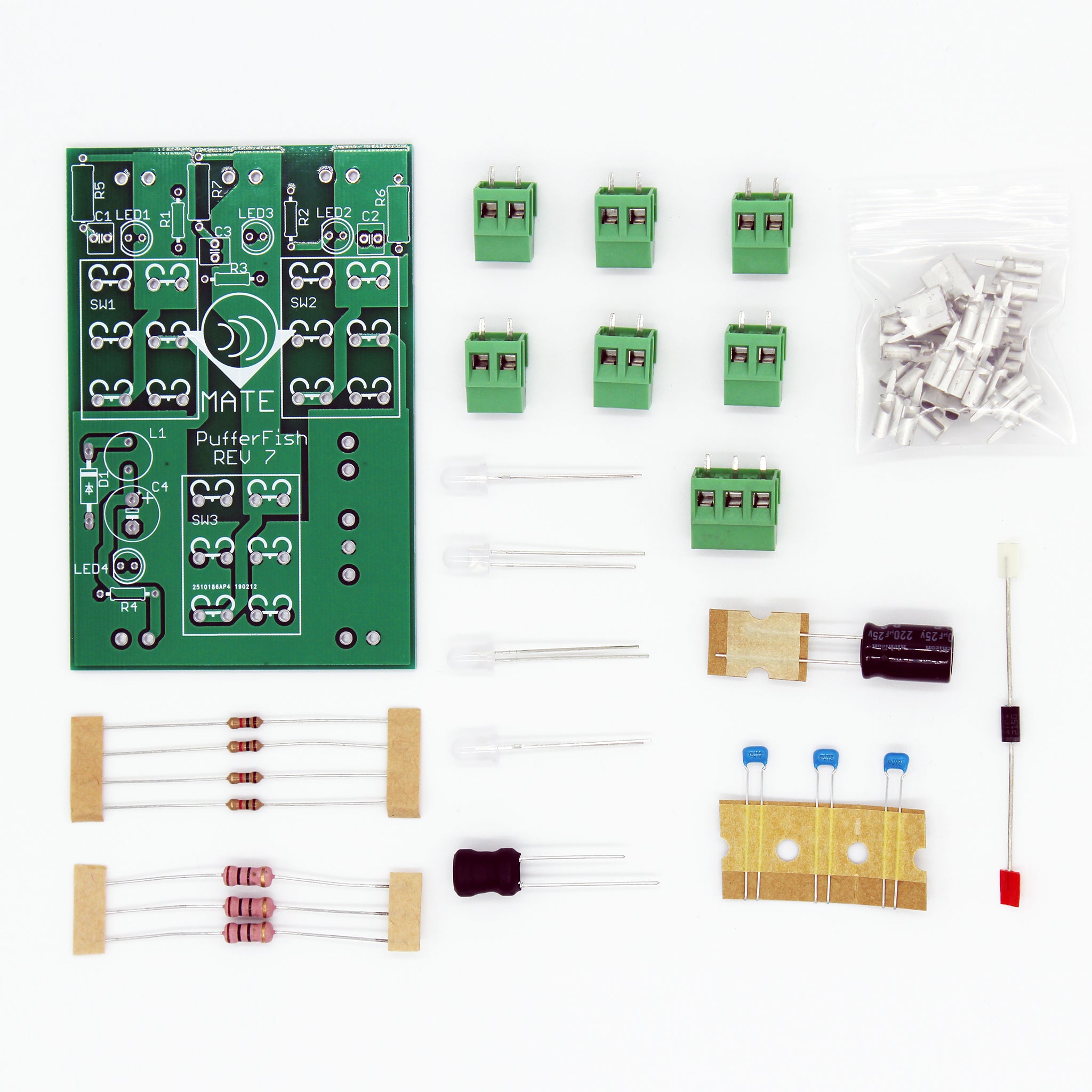 Layout of everything included in the PufferFish Circuit Board Kit
